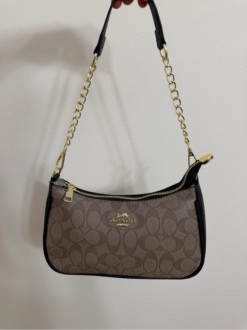 Coach Brown Signature Mini Shoulder Bag with Black Trim and Gold Chain